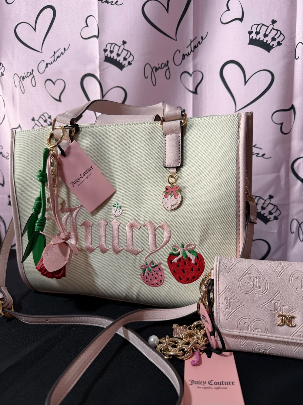 Juicy Couture Cream and Pink Strawberry Tote with pink wallet